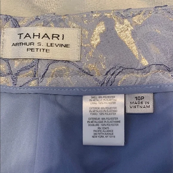 Tahari Arthur S Levine periwinkle Blue Gold silver metallic jacquard pants 10P - Picture 7 of 11